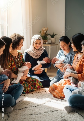 Diverse mothers sit together in a circle while holding their newborn infants.