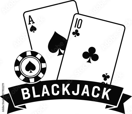 Blackjack game symbol with cards and chip on transparent background.