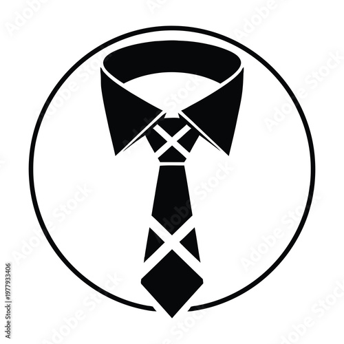 Black and white illustration of a necktie with collar in circle