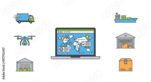 Global Logistics and Delivery Icons: Truck, Drone, Ship, Warehouse, Package, Laptop Map