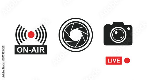 Live Streaming Icons: On-Air, Camera Lens Aperture, and Live Camera