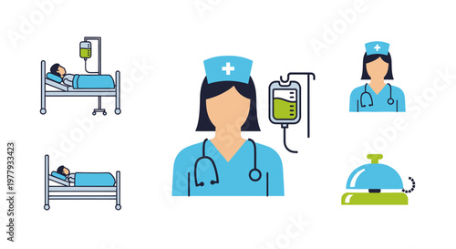 Healthcare icons: nurse, patient in hospital bed, IV drip, reception bell