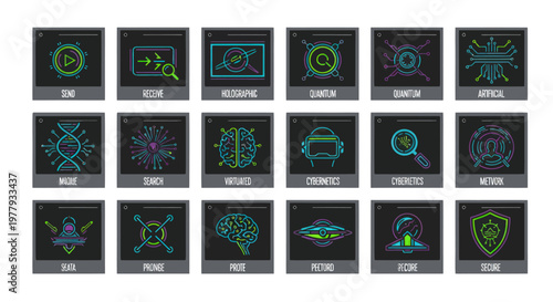Futuristic Technology Icons Set: AI, DNA, Brain, VR, Security, UFO, Network