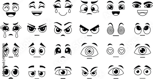 Set of cartoon eyes and eyebrows expressing various emotions for animation.