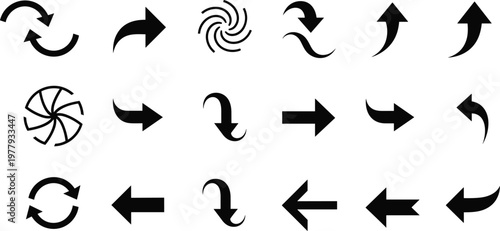 Collection of black arrows in different shapes and directions for design.