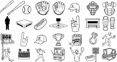 Detailed Line Art Baseball Icons Set: Sports Equipment, Players, Field, Stadium, Food, and Trophies for Game Day Graphics  Design Elements Collection