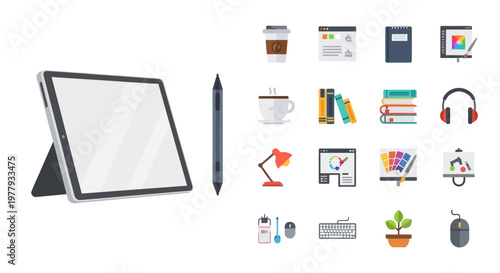 Digital Art Tools: Tablet, Stylus, Coffee, Books, Headphones, Lamp, Mouse, Keyboard