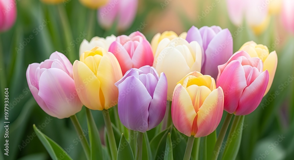 Fototapeta premium Vibrant Tulips Blooming in Garden with Green Leaves and Stems