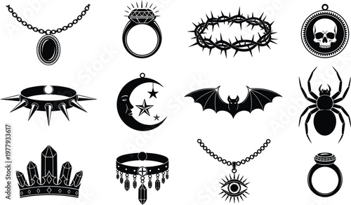 Gothic jewelry and symbols vintage style dark fantasy occult design elements.