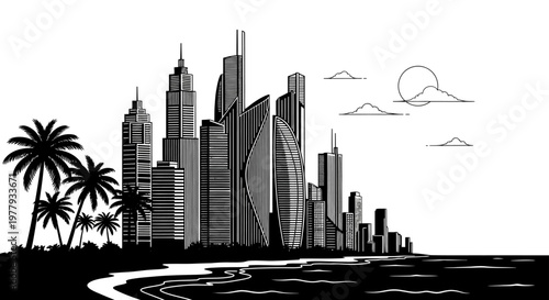 Tropical beach city skyline with palm trees and modern skyscrapers representing coastal urban development and luxury vacation resort