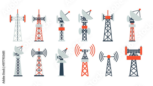 Professional telecommunication equipment icons featuring satellite dishes and radio towers for advanced data network transmission