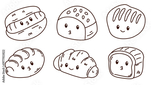 collection of various cute hand drawn bread and pastry doodles for bakery
