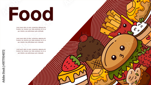 delicious food banner with burger ice cream fries and cake on red
