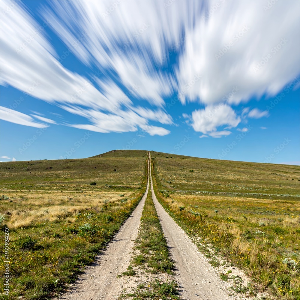 Naklejka premium Long exposure of a dirt road leading to a distant hill under a dynamic sky.