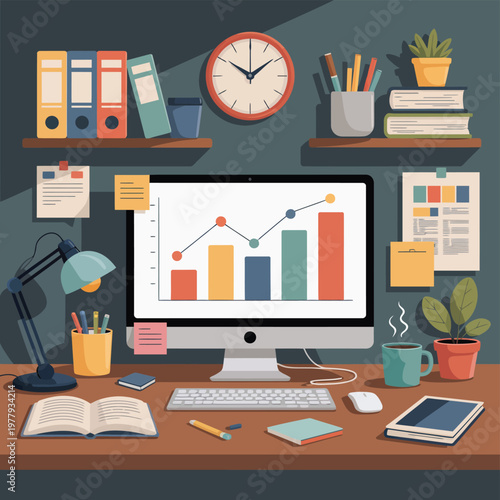 Computer monitor displays a colorful financial growth chart on a cluttered wooden office desk.