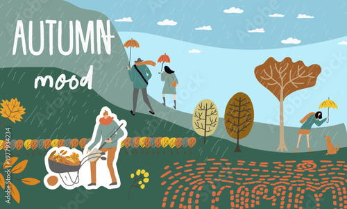 Collage Autumn mood, fall season. Horizontal banner, hand drawn vector illustration.