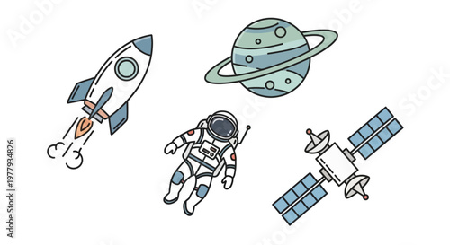 Astronaut in Space with Rocket Satellite.