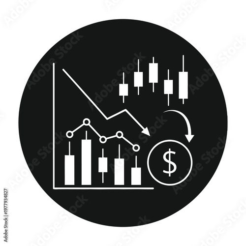Stock market graph with dollar sign and decreasing trend