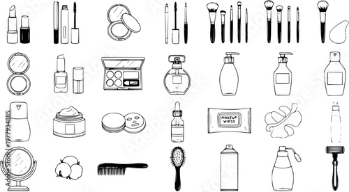 Cosmetic  Beauty Icon Set: Outline Skincare, Makeup,  Grooming Elements Vector Illustration