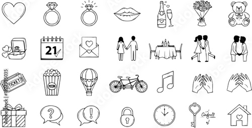 Doodle love and romance icons set. Hand-drawn illustrations for dating, wedding, relationship, and Valentine's Day themes.