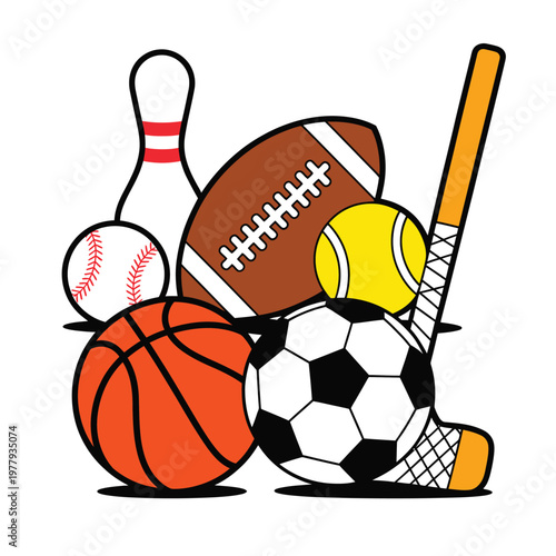 Sports balls and gear arranged together illustrate a variety of popular competitive games.