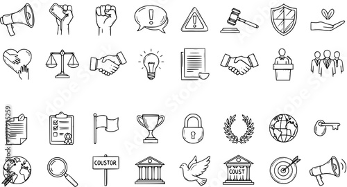Hand-Drawn Law, Justice, Business, and Communication Icons Set. Doodle Vector Collection of Legal, Corporate, and Social Concept Symbols.