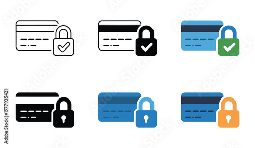 Safe digital payments icon vector showing credit card with padlock and checkmark representing online payment security, e-commerce, secure transactions, and digital finance concept.