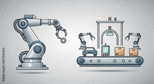 Robotic arms and conveyor belt in a factory setting.