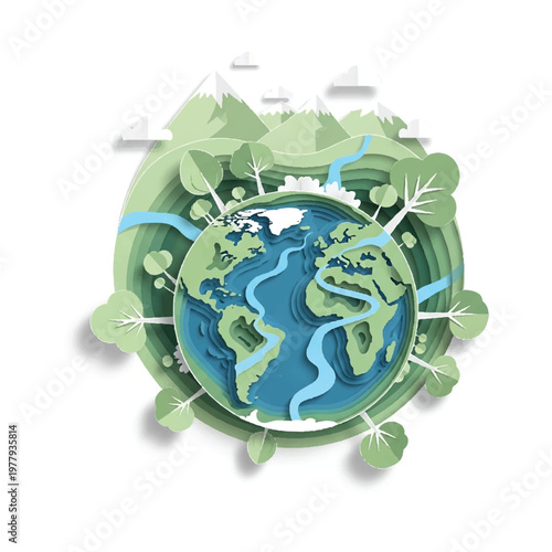 A papercraft style illustration depicts earth surrounded by layered green trees and white clouds