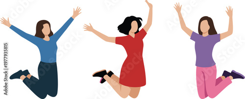 Group of happy women jumping illustration, joyful female characters celebrating freedom and success, positive lifestyle concept, modern flat design, empowerment and energy