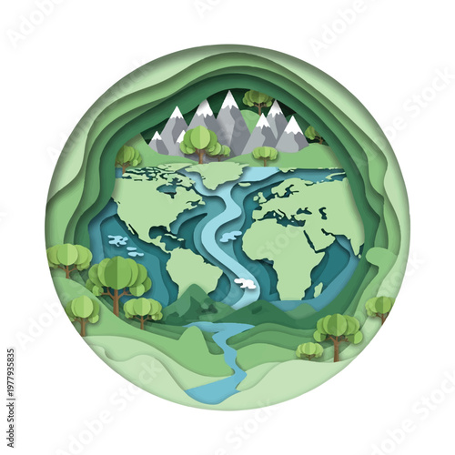 A scenic paper cut style illustration depicts a circular world featuring mountains forests and rivers