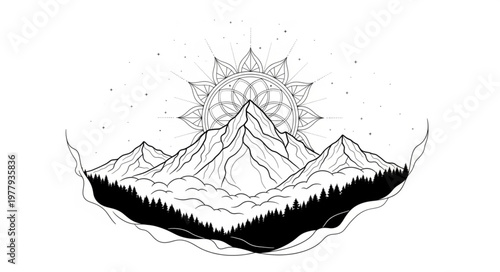 Monochrome Mountain Range with Geometric Sunburst and Forest Silhouette.