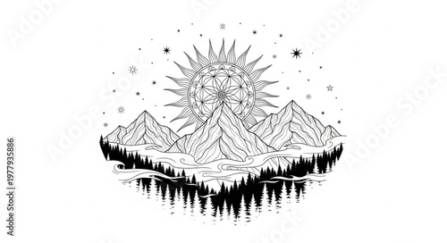 Monochrome mountain landscape with sunburst and forest reflection.
