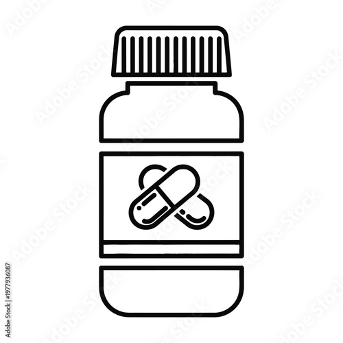 Black and white line art of a medicine bottle with pills