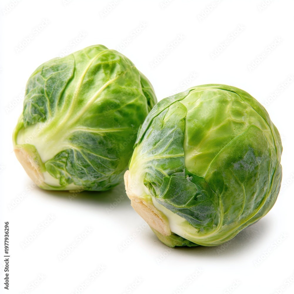 Obraz premium Two whole fresh green Brussels sprouts with natural stems isolated on a white background