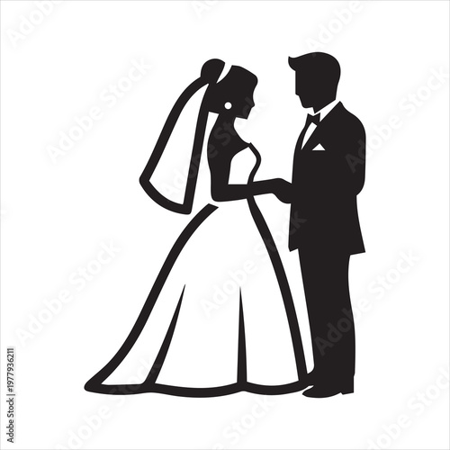 A wedding couple stands together in a romantic black silhouette illustration