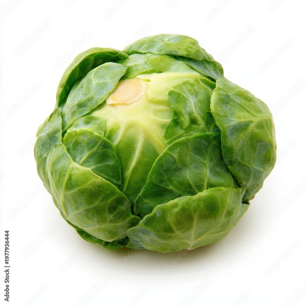 Fototapeta premium Lush fresh green Brussels sprout with an inner yellowish core isolated on white