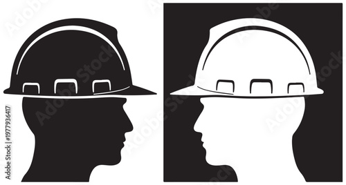 Male worker profile silhouette wearing safety hard hat for construction and engineering industry concepts.