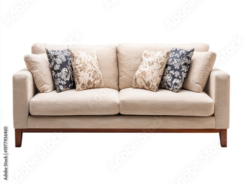 Comfortable beige fabric sofa with decorative patterns on cushions on white ground