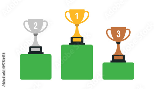 Places of rewards vector showing gold, silver, and bronze cups on podium representing 1st, 2nd, and 3rd place, awards, victory, and achievement concept.