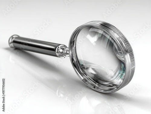 Classic magnifying glass with shiny silver frame and clear lens for inspection