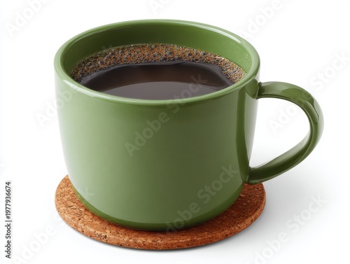 Black coffee in a green ceramic mug on a natural cork coaster