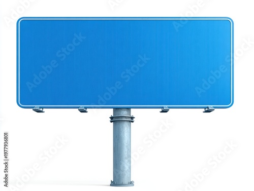 Large blank blue rectangular road sign on a metal post against a white background
