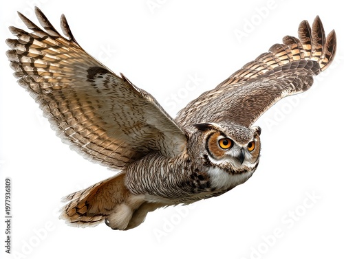 Great horned owl with intense gaze, captured mid-flight with open wings