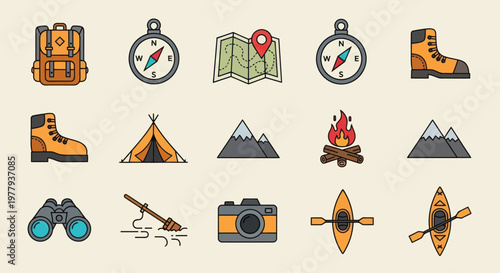 Adventure Icons: Backpack, Compass, Map, Tent, Mountains, Campfire, Boots, Camera, Kayak