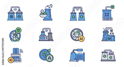 Smart Factory Icons: AI, Industry, Technology, Green Energy, Pollution