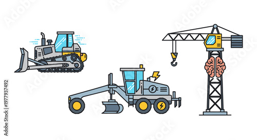 Construction machinery and human brain icon on crane, concept of smart building and innovation