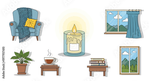 Cozy Living Room Elements: Armchair, Candle, Coffee, Books, Window Views
