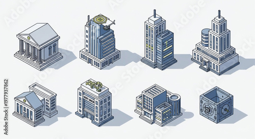 Collection of isometric architectural building illustrations on white background.