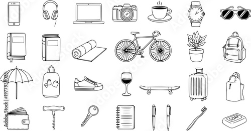 Vector Doodle Set: Travel, Lifestyle, and Leisure Items - Hand-Drawn Line Art